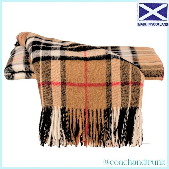 SCOTTISH IMPORTED THROW BLANKET Tan Red Black Ivory White Wool NWT - Picture 7 of 9